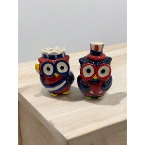 Patriotic Owl Salt & Pepper Shakers Top Hat 4th Of July Dining Big Eyes Picnic
